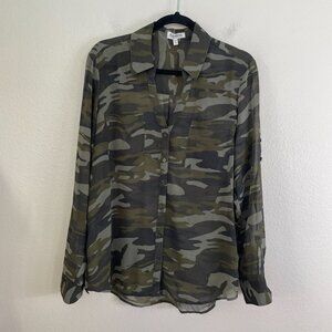 Express Portofino Shirt Womens Large Camo Button Up Sheer Roll Tab Sleeve Blouse